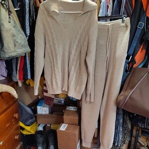 SHEIN Beige V-Neck Sweater Set